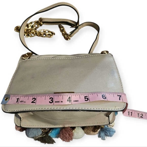Aldo Cream Chevron Crossbody Bag with Multicolor Pom Poms - Picture 8 of 11